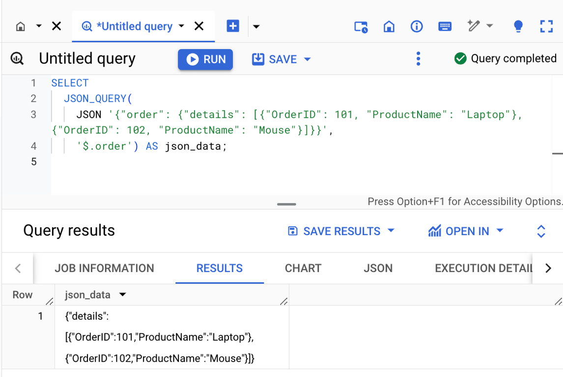 Extracting the “order” object from a JSON string using the JSON_QUERY function in BigQuery. i-shadow