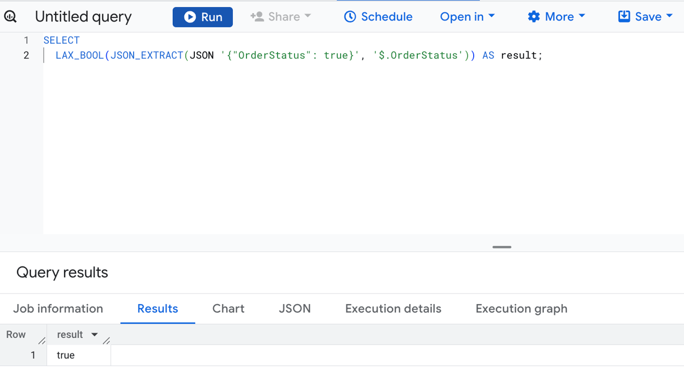 Converting the OrderStatus field from a JSON object to a boolean value using the LAX_BOOL function in BigQuery. i-shadow