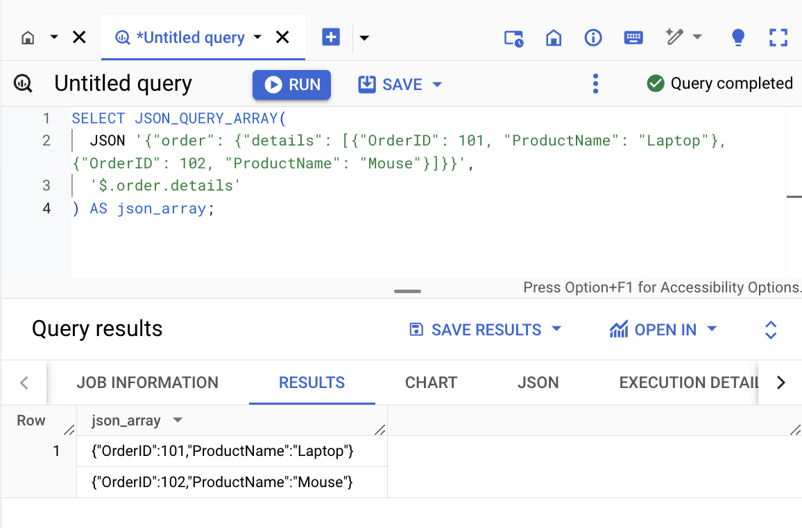 Retrieving an array of product details from a JSON string using the JSON_QUERY_ARRAY function in BigQuery. i-shadow