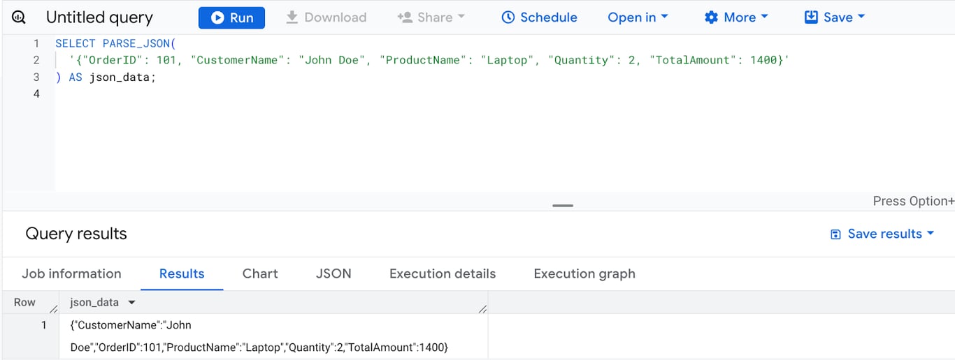 Parsing a JSON-formatted string into a JSON object with the PARSE_JSON function in BigQuery. i-shadow