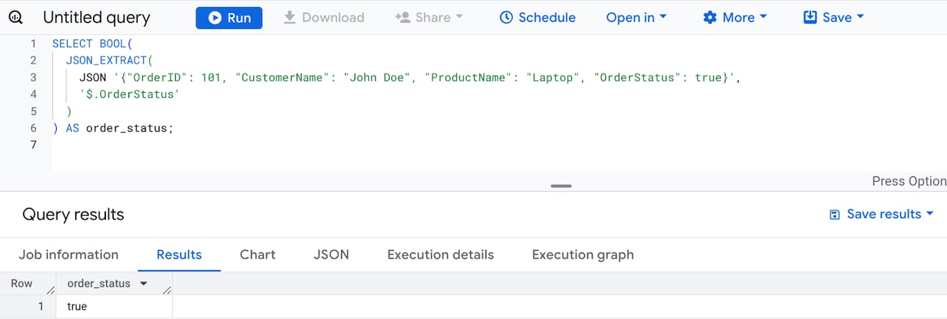 Converting the OrderStatus field in a JSON object to a boolean value using the BOOL function in BigQuery. i-shadow