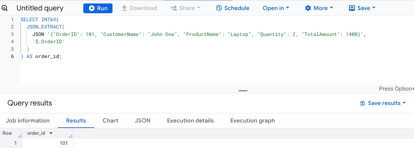 Converting the OrderID field from a JSON object to an INT64 value using the INT64 function in BigQuery. i-shadow