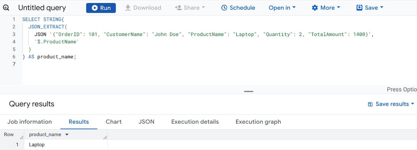 Extracting and converting the ProductName field from a JSON object to a SQL string using the STRING function in BigQuery. i-shadow