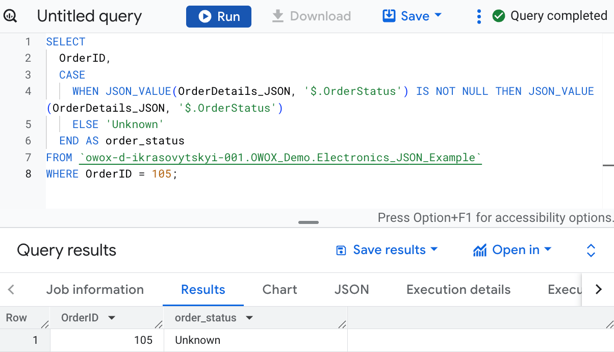 Using a CASE statement in BigQuery with the JSON_VALUE function to check for and return the OrderStatus field from a JSON object. i-shadow