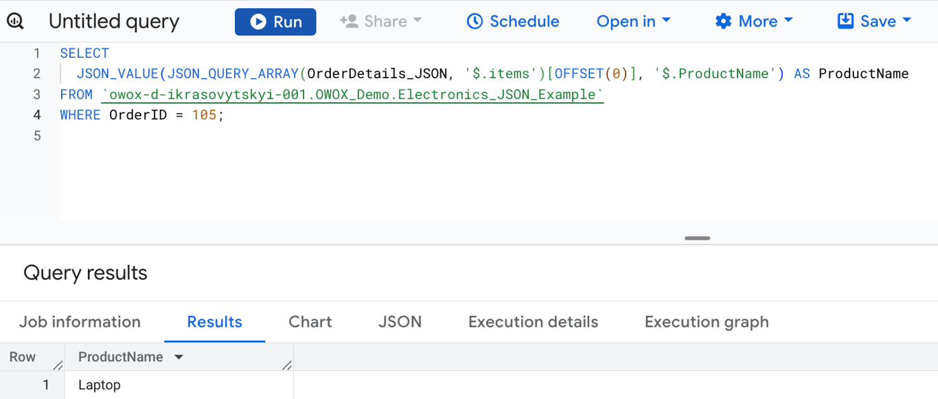 Extracting the “items” array from a JSON field in a BigQuery table using the JSON_QUERY_ARRAY function. i-shadow