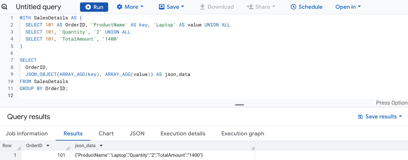 Converting schematized order details into JSON objects using the JSON_OBJECT function in BigQuery. i-shadow