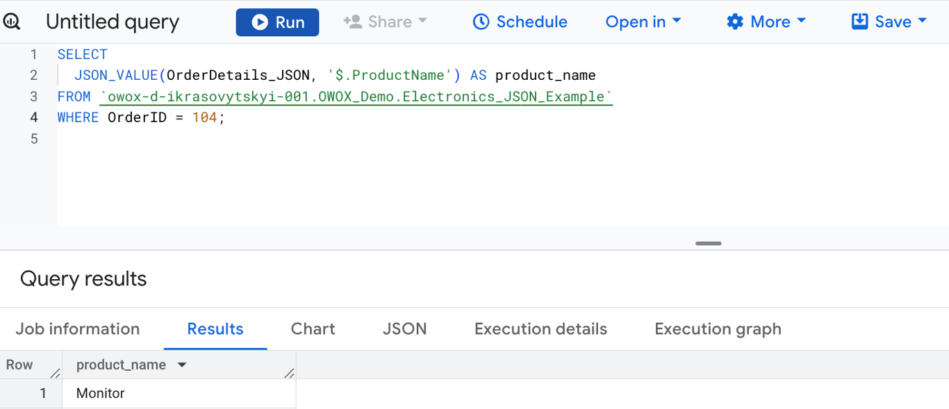 Using the JSON_VALUE function in BigQuery to extract the ProductName scalar value. i-shadow