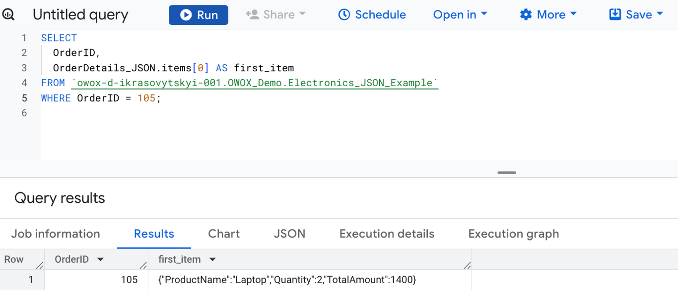 Extracting the first item from a JSON array using the subscript operator in BigQuery. i-shadow
