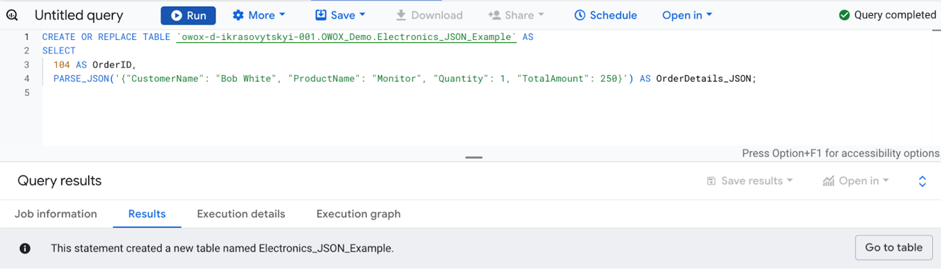 Safely converting a STRING column into a JSON object using the SAFE.PARSE_JSON function in BigQuery. i-shadow