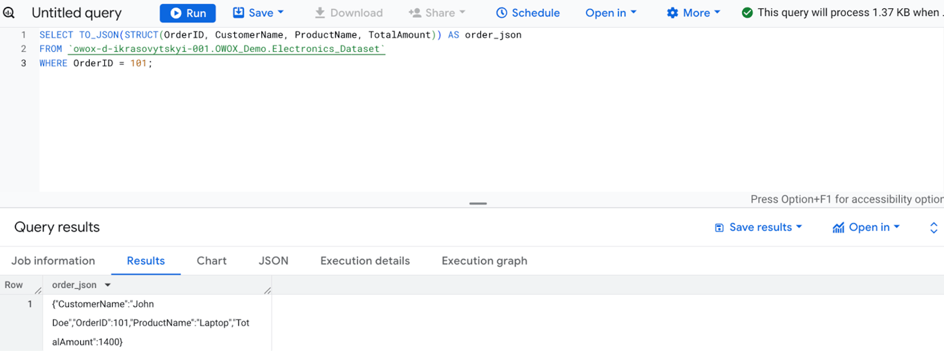 Converting structured order details into a JSON object using the TO_JSON function. i-shadow
