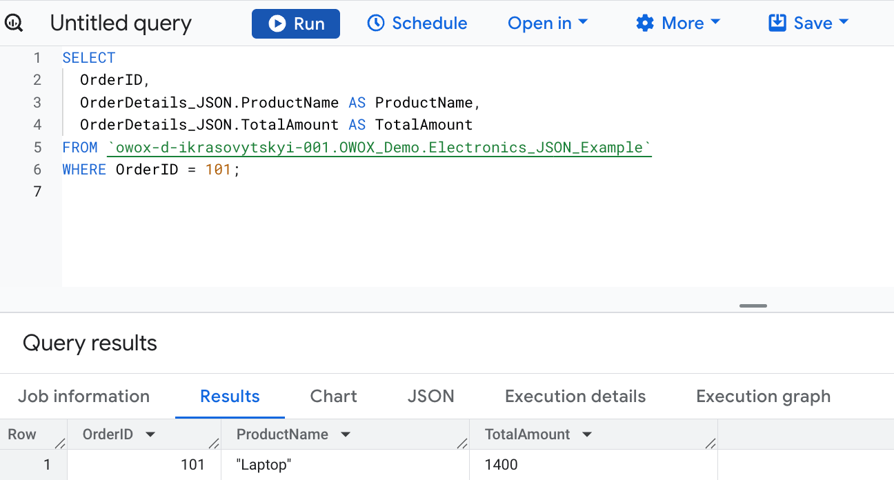 Accessing the ProductName field directly from a JSON object using the field access operator in BigQuery. i-shadow