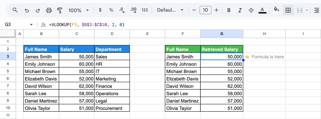 VLOOKUP in Google Sheets applied to, fetch corresponding data from another column. i-border