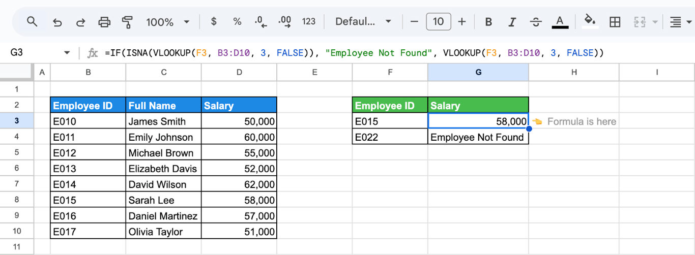 Spreadsheet showing how to use VLOOKUP with IF and ISNA to handle missing or unmatched values in Google Sheets. i-border