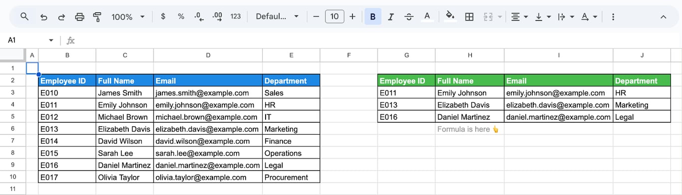 Google Sheets showing how to use the VLOOKUP function with ARRAYFORMULA to retrieve multiple columns. i-border