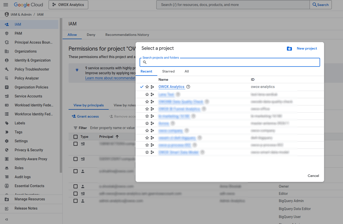 Project selection window in Google Cloud IAM showing a list of recent projects including OWOX Analytics. i-shadow