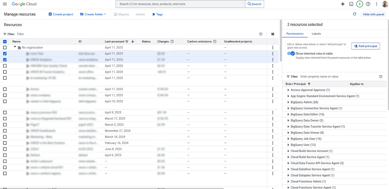 Resources page in Google Cloud with two projects selected and permissions panel showing inherited roles. i-shadow