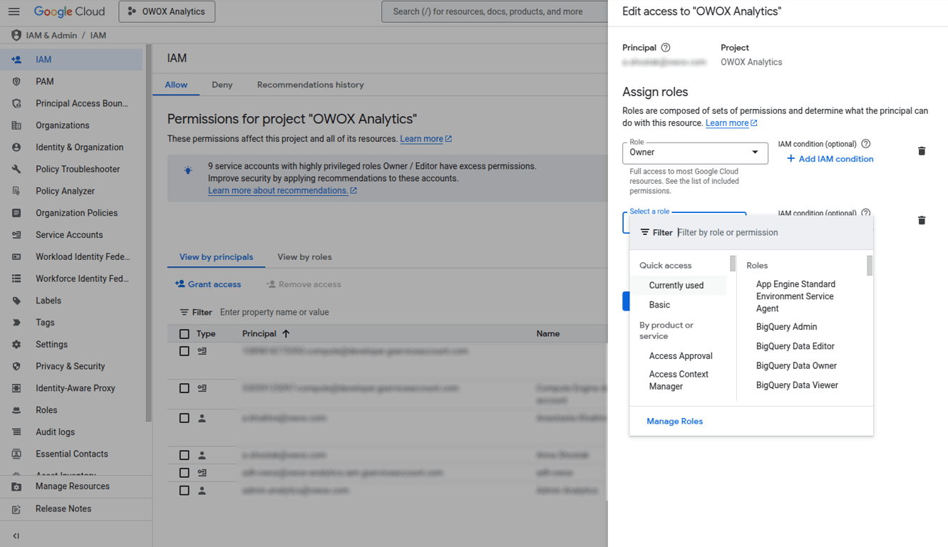 Assigning IAM roles to a user in the OWOX Analytics project with available roles like BigQuery Admin and Editor. i-shadow