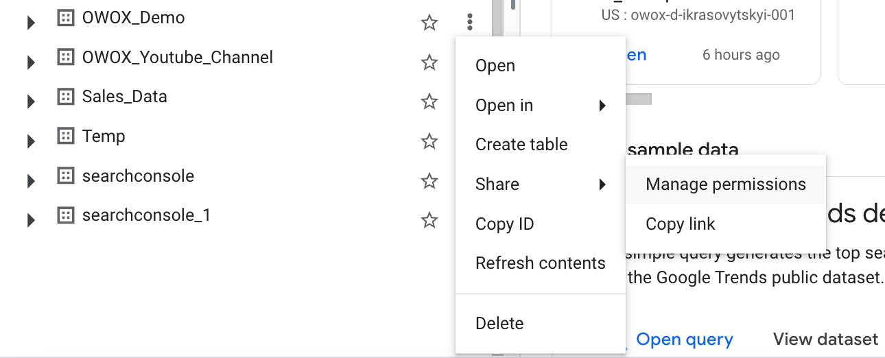 Context menu on a BigQuery dataset showing options including Manage permissions and Copy ID. i-shadow