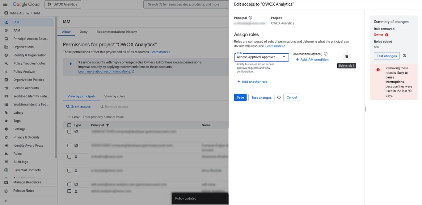 Changing IAM role for a principal and removing the Owner role while assigning Access Approval Approver role. i-shadow