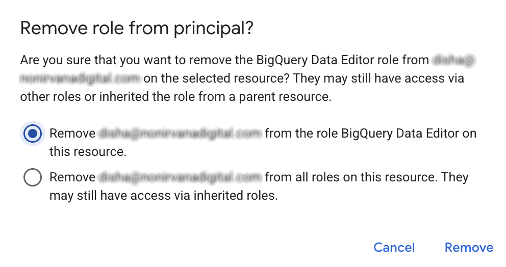Confirmation dialog to remove the BigQuery Data Editor role from a specific user on the selected resource. i-shadow