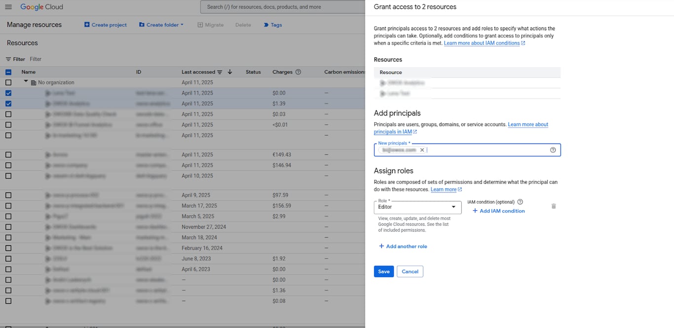 Adding a new principal and assigning the Editor role to multiple resources from the IAM Manage Resources panel. i-shadow