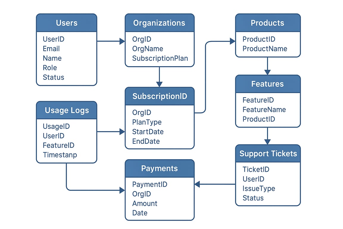 SaaS product data model showing relationships between users, organizations, products, features, support tickets, usage logs, subscriptions, and payments.