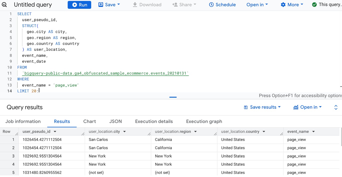 BigQuery SQL query using STRUCT to group geo fields (city, region, country) into a single user_location entity for better data organization.‍ i-shadow