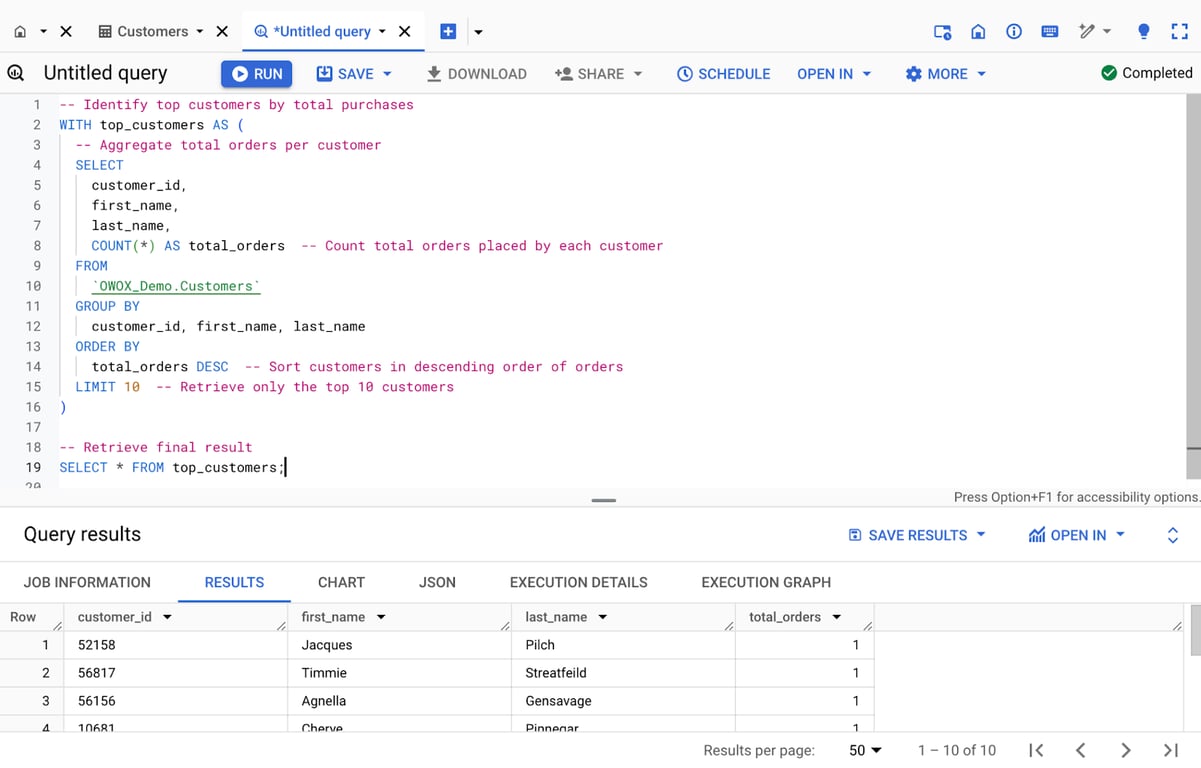 Example of adding comments in between SQL syntaxes for clarity in BigQuery. i-shadow