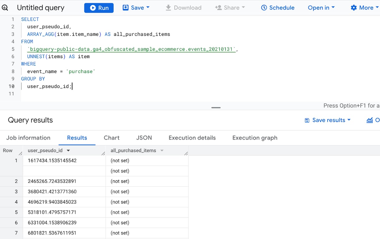 BigQuery query using ARRAY_AGG and UNNEST to collect all purchased item names per user from GA4 ecommerce events. i-shadow