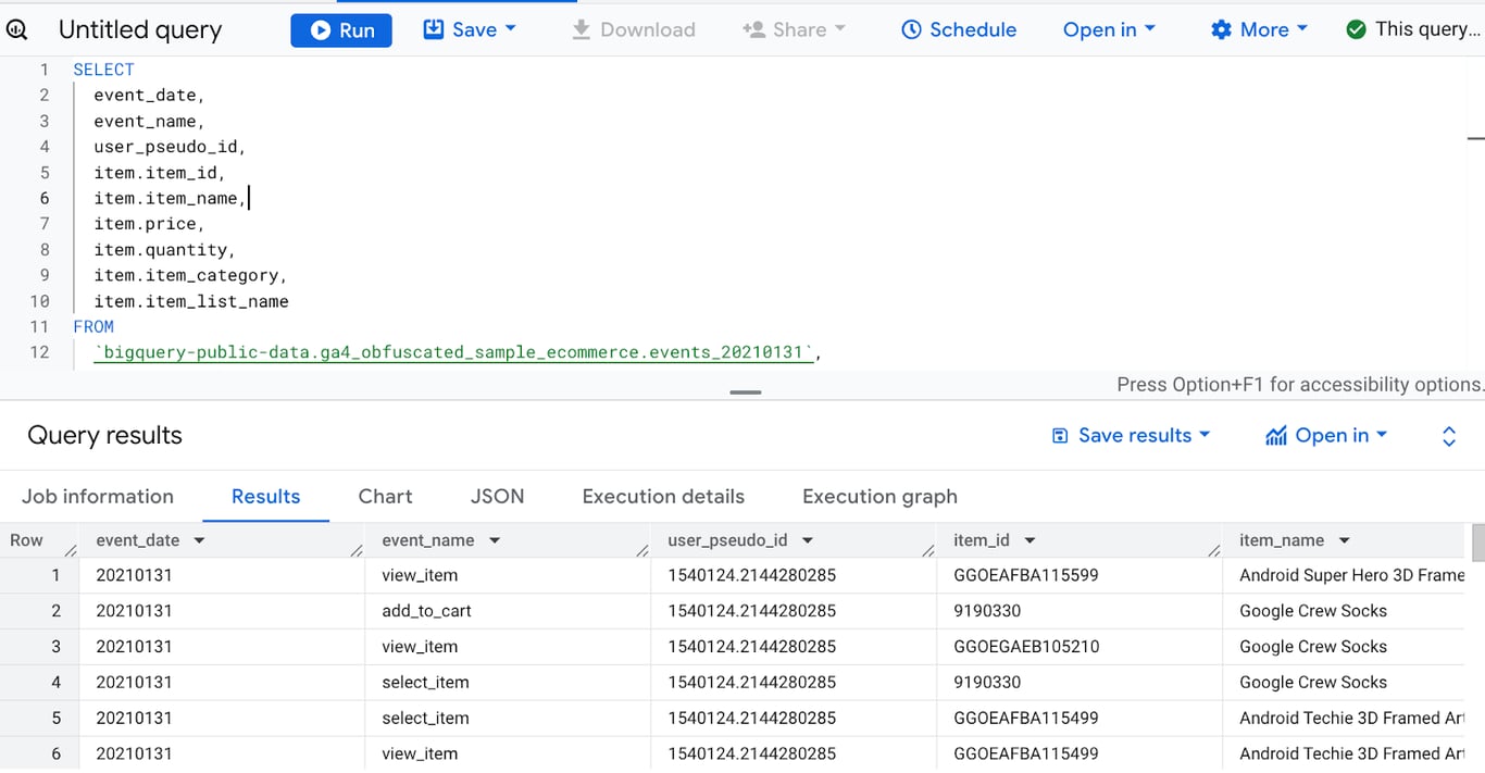 BigQuery SQL query using the UNNEST function to flatten the items array from GA4 ecommerce event data for extracting product-level details. i-shadow