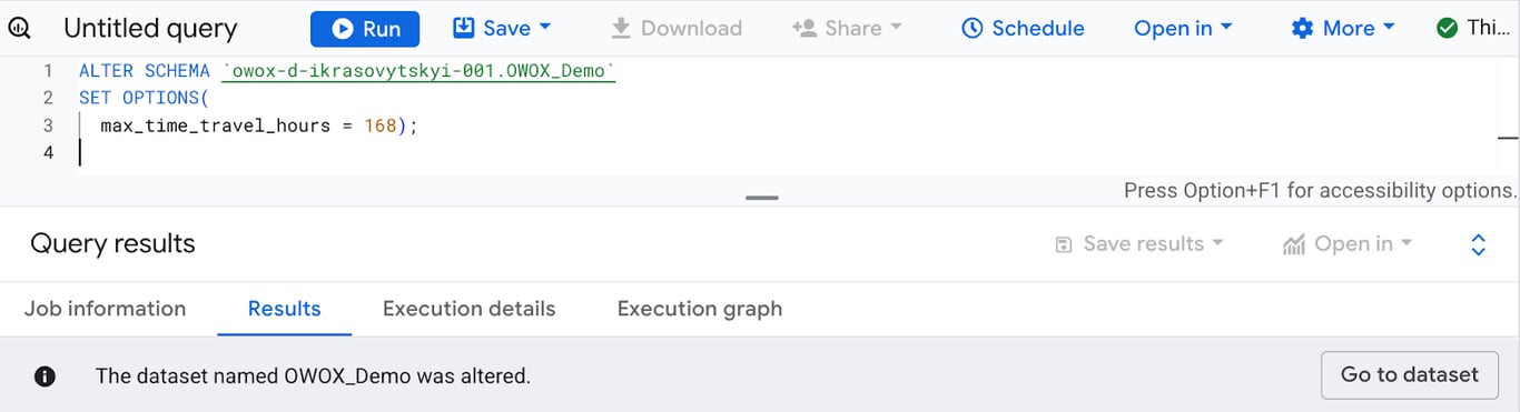 SQL syntax for editing the Time Travel window in BigQuery. i-shadow