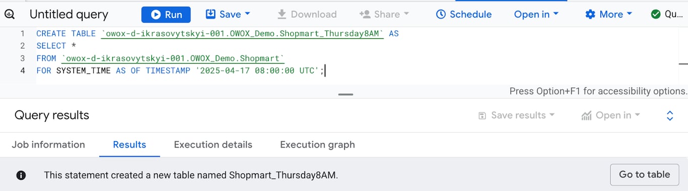 Using FOR SYSTEM_TIME AS OF in BigQuery to create a backup of table data from a specific time. i-shadow