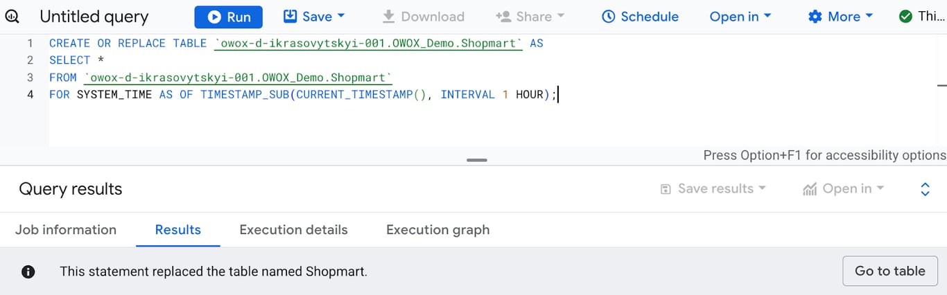 BigQuery table restoration process using FOR SYSTEM_TIME AS OF, replacing the current table with a historical version from a specified time offset. i-shadow