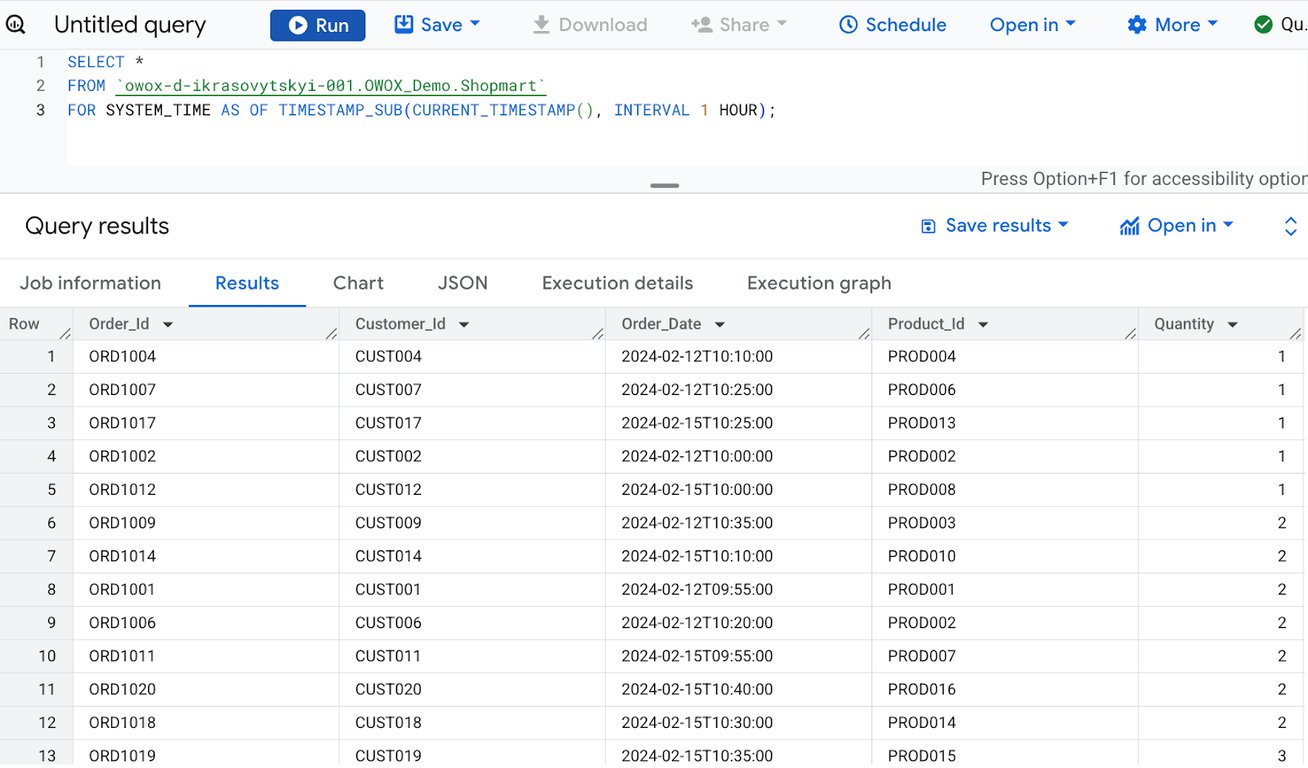 BigQuery query results showing a restored version of the table using FOR SYSTEM_TIME AS OF to retrieve data from one hour ago. i-shadow