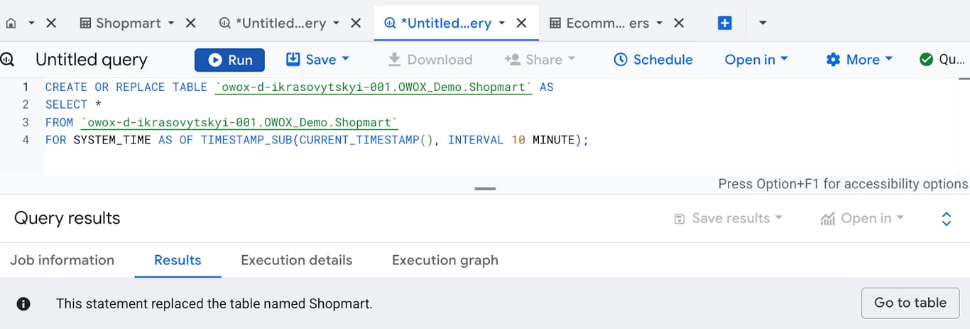 Using FOR SYSTEM_TIME AS OF in BigQuery to restore table data from a past point in time, provided the table still exists. i-shadow