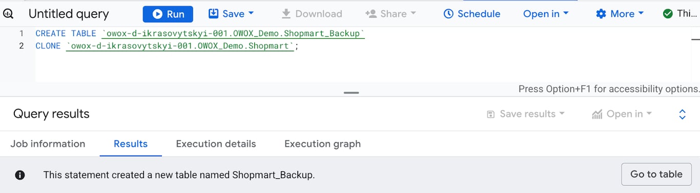 Using BigQuery’s CLONE function to restore a deleted table from a snapshot. i-shadow