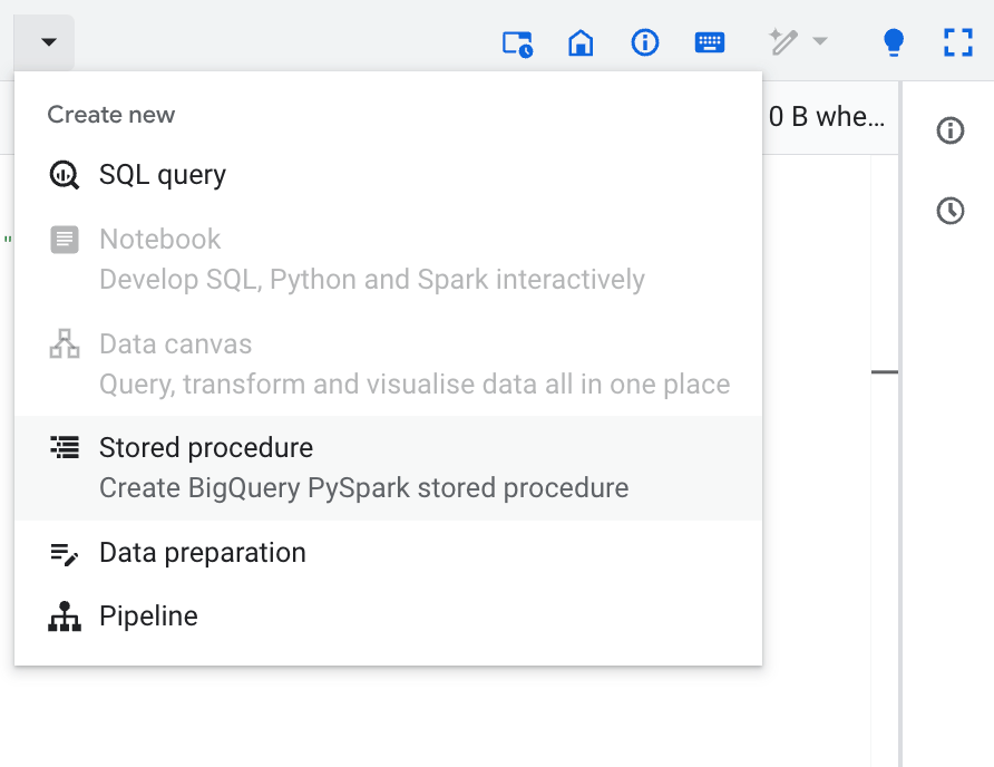 Dropdown in BigQuery Studio showing options to create queries, notebooks, or pipelines. i-shadow