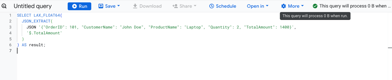 SQL query using LAX_FLOAT64 and JSON_EXTRACT to get TotalAmount from JSON. i-shadow