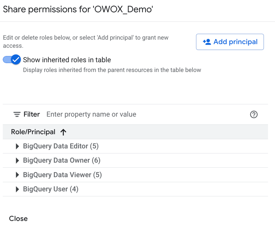 BigQuery dataset sharing panel showing roles like Editor, Owner, and Viewer. i-shadow