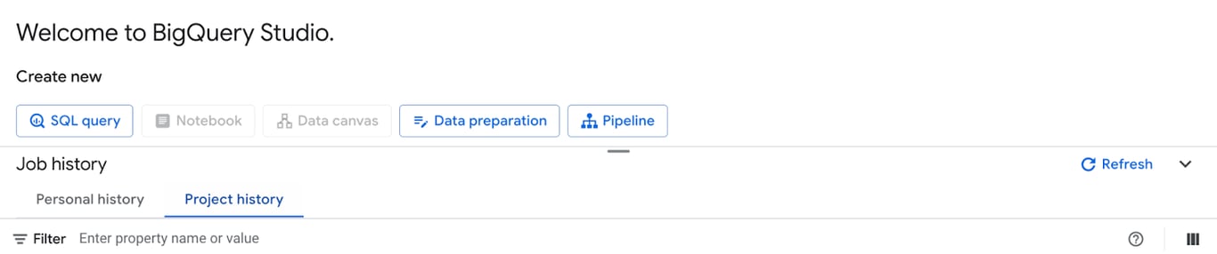 BigQuery Studio with job history tabs and buttons to create queries or pipelines. i-shadow