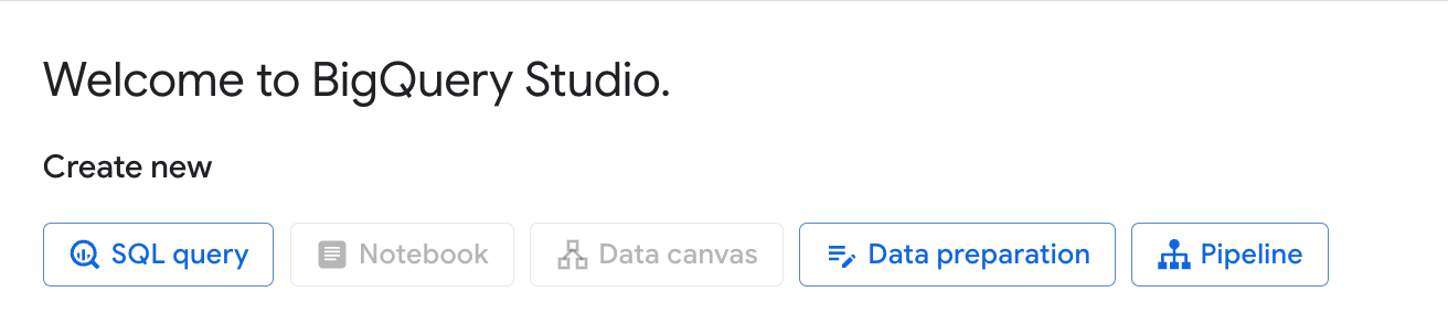 Welcome screen in BigQuery Studio showing options to create a new SQL query, data preparation, or pipeline. i-shadow