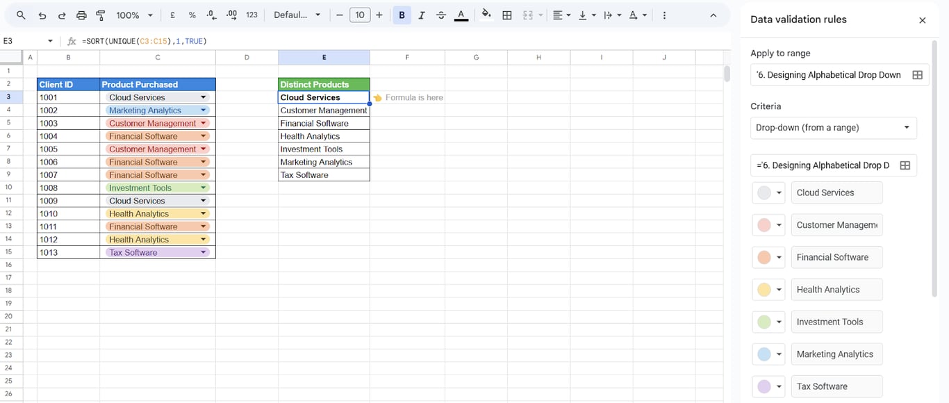 Refined design for alphabetical drop-down menus with the UNIQUE function in Google Sheets. i-border