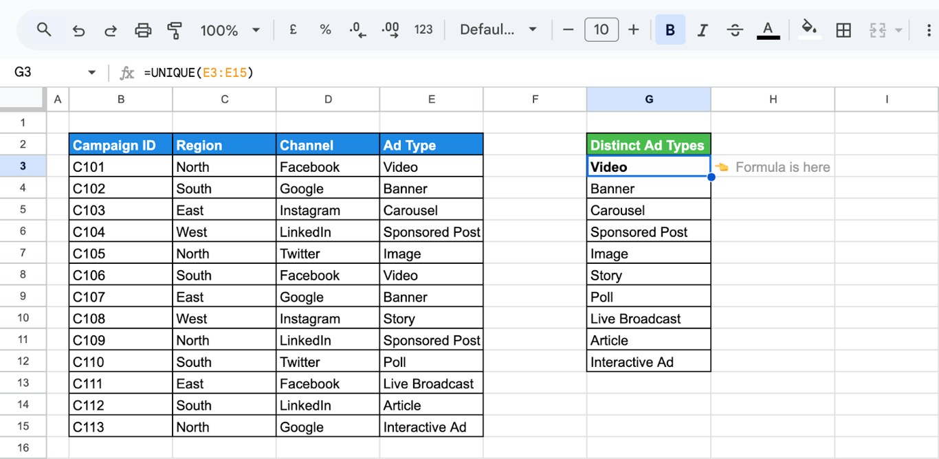 Unique values extracted from a dataset using the UNIQUE function in Google Sheets. i-border