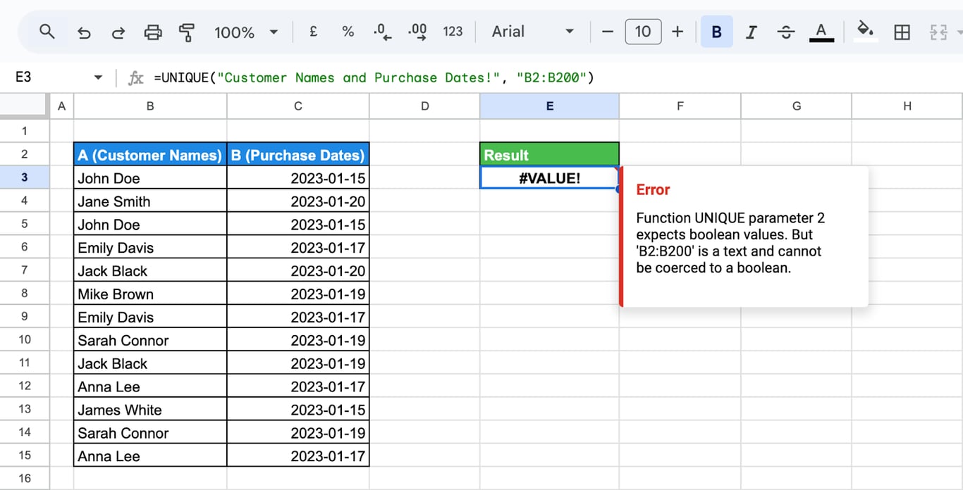 Troubleshooting the #VALUE! error encountered with the UNIQUE function in Google Sheets. i-border
