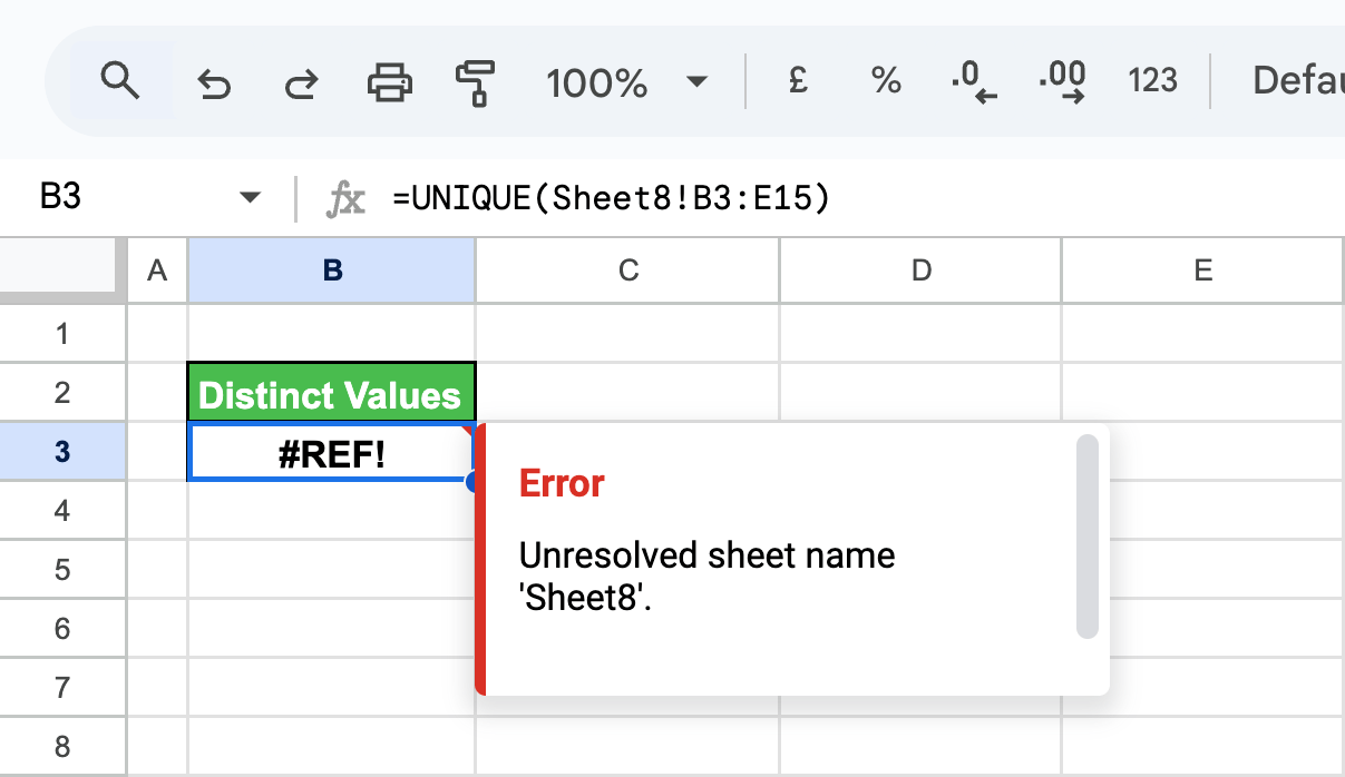 Solutions for addressing the #REF! error when using the UNIQUE function in Google Sheets. i-border