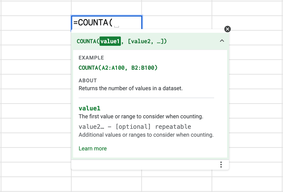 COUNTA Syntax being displayed in Google Sheets. i-border