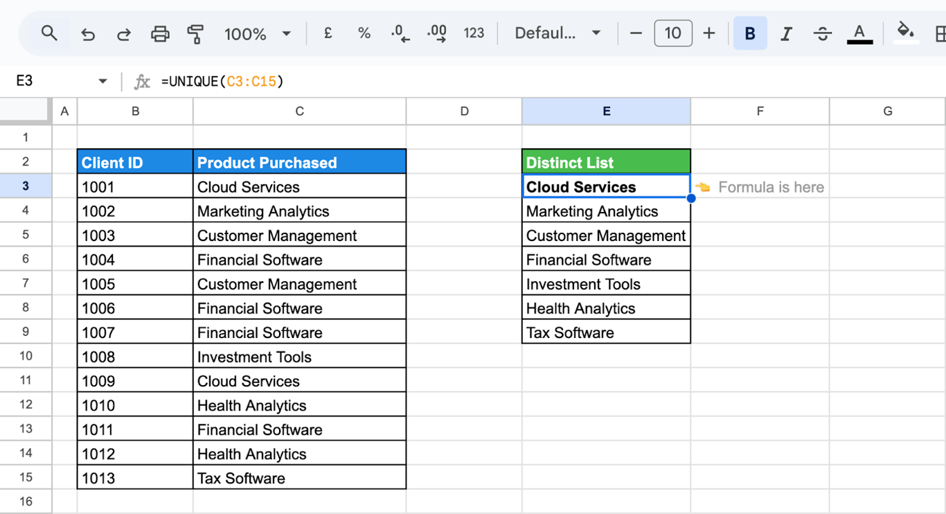 Creating drop-down menus based on unique values in a list using the UNIQUE function in Google Sheets. i-border