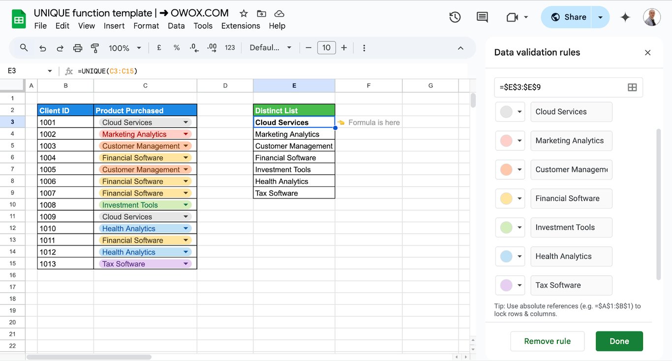Alternative method for designing drop-down menus using the UNIQUE function in Google Sheets. i-border