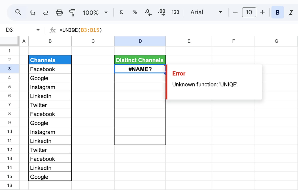 Understanding and fixing the #NAME? error in the UNIQUE function in Google Sheets. i-border