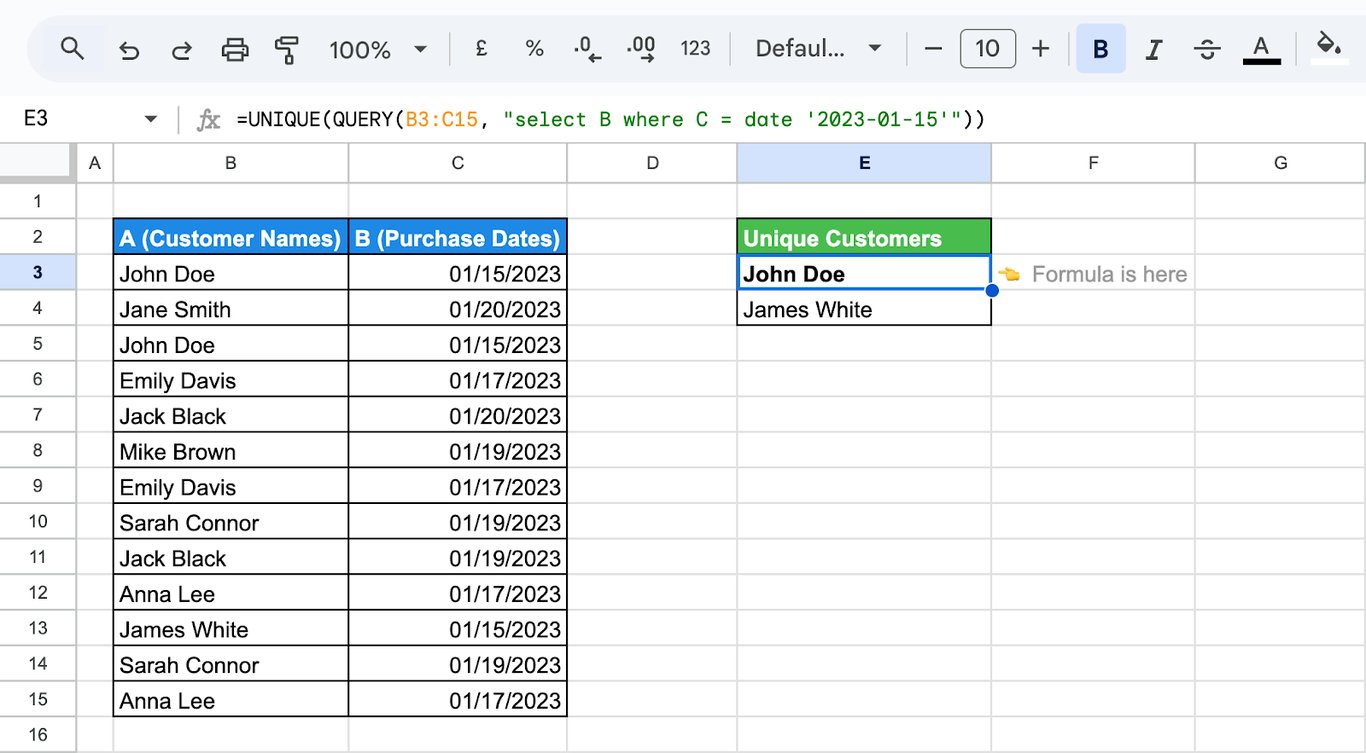 Filtering distinct values in Google Sheets using the QUERY function combined with UNIQUE to display only non-repeating rows. i-border